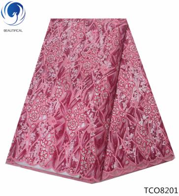 China Beautifical Polyester Viable Sequins Lace Heavy Pink Net Fabric Double Organza TCO82 for sale