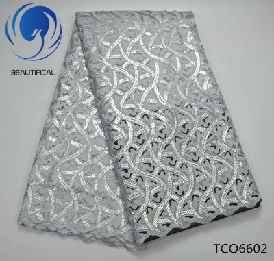 China High Quality White Embroidered Organza Lace Fabric 5yards TCO66 Beautifical Fashion Organza Sequins Viable African Lace Fabric for sale