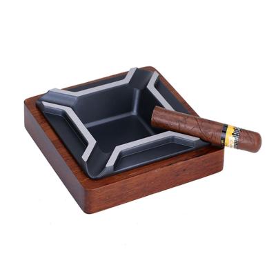 China JIEFNG Cigarette And Cigar Square Large Solid Wood And Aluminum Cigar Ashtray for sale