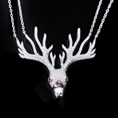 China Brass High Quality Silver Plating Micro Pave CZ Deer Antler Hannibal Pendant Necklace for sale