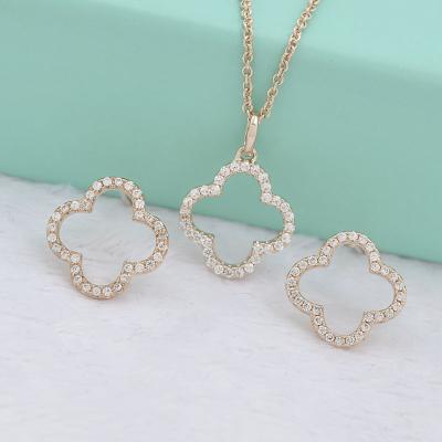 China Wholesale Fashion Italian Bronze Gold Plated CZ Micro Pave Shaped Clover Earring Stud And Necklace Jewelry Set for sale