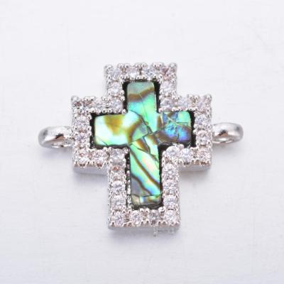 China Popular Cross Pendant With Abalone Shell, Micro Pave Set Plating Brass Cross With Sea Shell Charm for sale