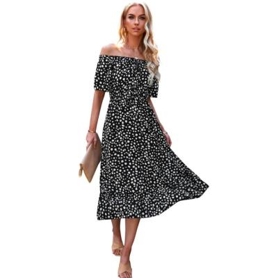 China Breathable Women Summer Off Shoulder Casual Polka Dots Short Sleeve Swing Dress for sale