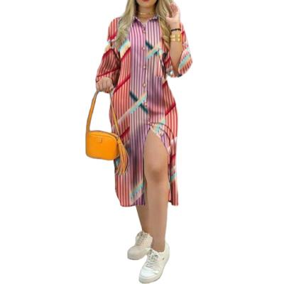 China Summer Breathable Women Spring Elegant Patchwork Maxi Dress Fashion Casual 3/4 Long Sleeve Shirt Dress Female Dress With Pocket for sale