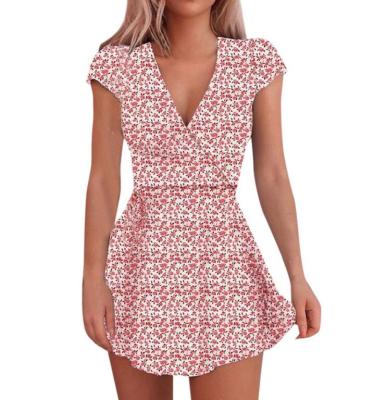 China Breathable Women's Sleeve Wrap Dress Floral Print Floral Print V-neck Waisted Ruffle Mini Dresses Size 2XL Short Edge Mini Dresses Size 2XL for sale