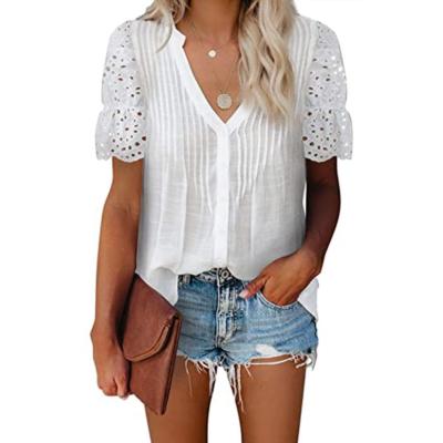 China Breathable Lace Decoration Women's Short Sleeve V-Neck T-Shirt Loose Casual Summer Chiffon Tee Tops for sale