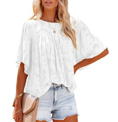 China Breathable Women's Casual Floral Crew Neck Tops Short Sleeve Print T-shirt Summer Chiffon Blouses Size S-2XL for sale