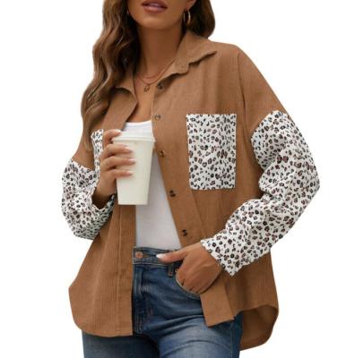 China Women Leopard Print Breathable Oversized Flannel Casual Pocketed Button Down Shirts Long Sleeve Coated Corduroy Shacket Jacket Top for sale