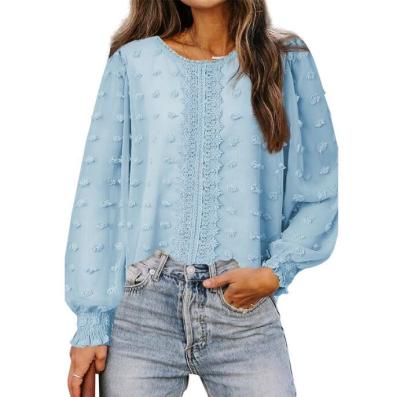 China Summer Breathable Casual Round Neck Decoration Lace Blouse Women's Long Sleeve Pom Pom Shirts Top for sale