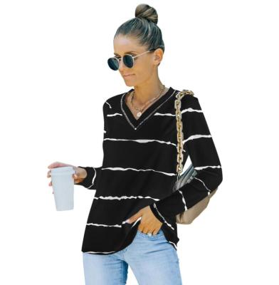 China QUICK DRY Women's Shirt Long Sleeve V Neck Casual T-Shirt Striped Tees Pullover Tops for sale