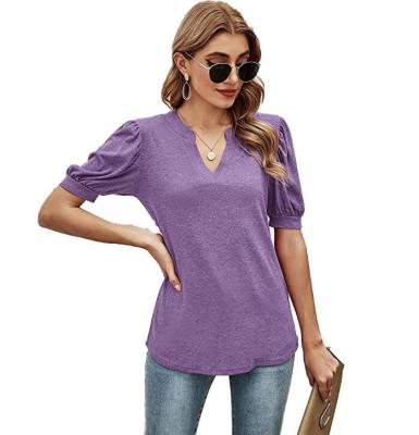 China QUICK DRY T Shirts For Women V Neck Summer Tops Casual Basic Slim Fit Puff Sleeve Blouse Size S-2XL for sale