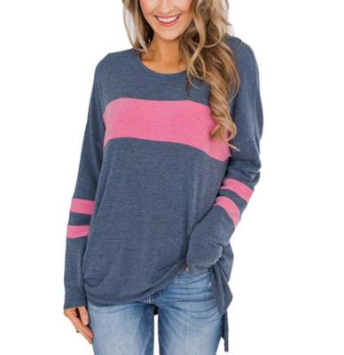 China Women's Breathable Color Block Long Sleeve Shirt Pullover Round Neck Side Split High Low Tunic Tops for sale