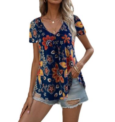 China Breathable Summer Floral Tops For Women Classic V Neck T-shirts Short Sheath Cute Tops Blouse Size S-2XL for sale