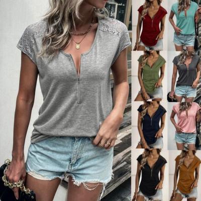 China Casual Women's Lace Cut Out V-Neck Short Blouses T-Shirts Sleeve Summer Casual Zipper Tee Tops for sale