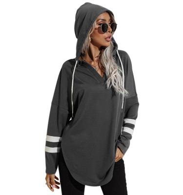 China Breathable Women Fall Drawstring Sweatshirts V Neck Striped Tops Long Sleeve Loose Pullover Sweatshirts for sale