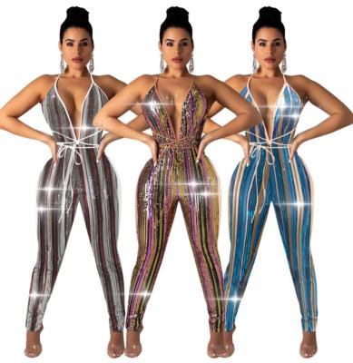 China Breathable Sequins Deep V Neckline Women's Skinny Backless Rompers Clubwear Long Pants Overalls for sale