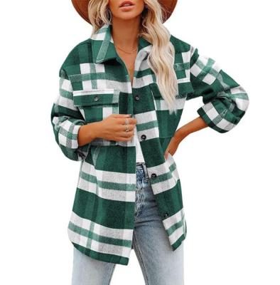 China Breathable Women's Wool Blend Plaid Flannel Shackets Casual Jacket Button Down Shirt Coat Size S-2XL for sale