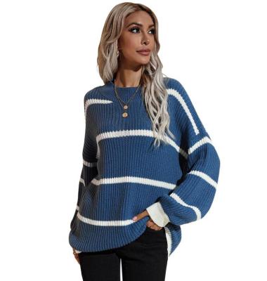 China Women's Fashion Long Sleeve Breathable Striped Color Block Knitted Sweater Loose Jumper Tops for sale