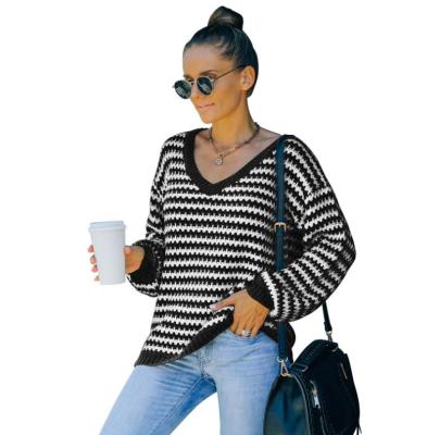 China Anti-Wrinkle Women Patchwork Sweater Long Sleeve V Neck Knitted Casual Striped Sweater Pullovers for sale