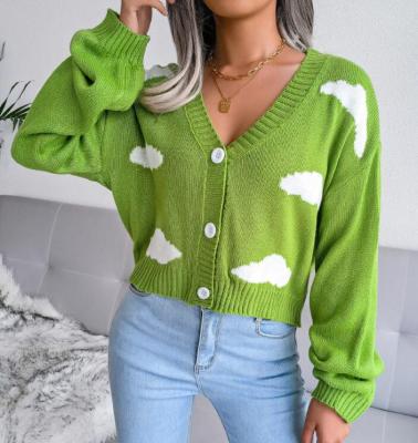 China Women's Open Front Short Cardigan V-Neck Button Casual Loose Breathable Cloud Long Sleeve Knit Down Cardigan Sweaters Outwear for sale