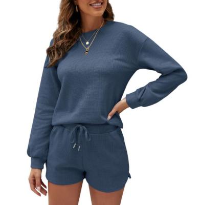 China Anti-Static Women's Waffle Knit Long Sleeve Tops And Shorts Jumper Nightgowns Lounge Pajamas Set With Pockets for sale