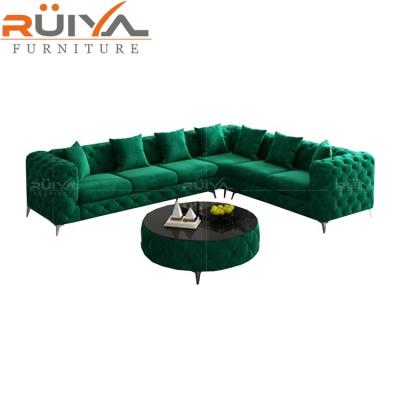 China High Quality Double Chair+Gold Plated Frame Holland Green Premium Velvet Sofa , Corner L Shape Velvet Sofa for sale