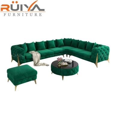 China High Quality Velvet Upholstered Style Legs Furniture Sectional Sofas+Gold Tufted Upholstered Button Sofa Set for sale