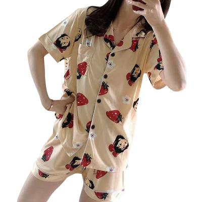 China Breathable Women's Cute Pajamas Set Two Pieces Lapel Short Collar Sleeve Pajamas Upper Elastic Shorts Home Clothes Women Sets for sale