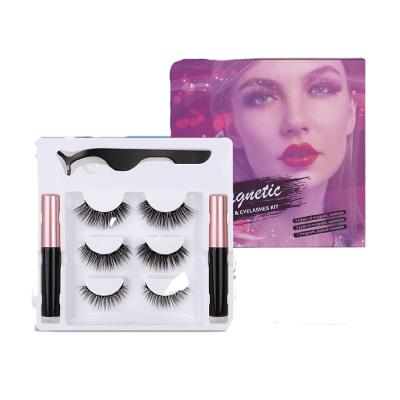 China Custom Wholesale High Quality Long Natural 3 Pairs 3D Magnetic Eyelashes With Liquid Eyeliner Set for sale