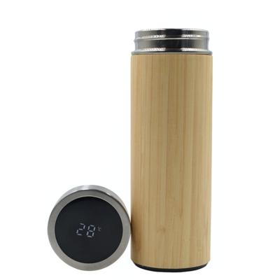 China Sustainable Smart Bottle Temperature Display Bamboo Stainless Thermos Bottle With Vacuum Insulated Thermal Temperature Flask for sale