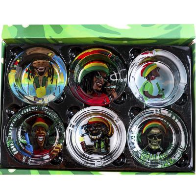 China LENS 85mm Bob Marley Glass Cigar Ashtray UV Printing Logo Round Custom Fanshion Ashtray For Smoke Shop for sale