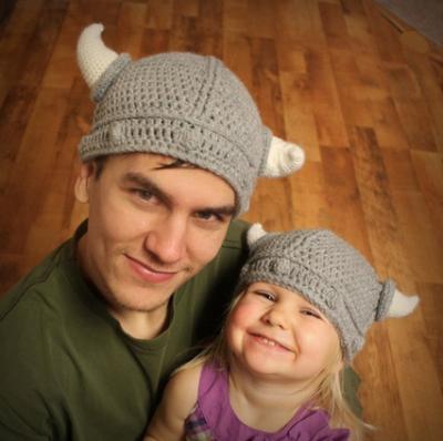 China Medium Beard Viking Knit Hat with Horns Barbarian Beanie Cap Handmade Funny for Parent-child Baby Adult Gray for sale