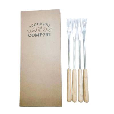 China Sustainable Customed Handle Stainless Steel Chocolate Cheese Wooden Fondue Fork Set for sale