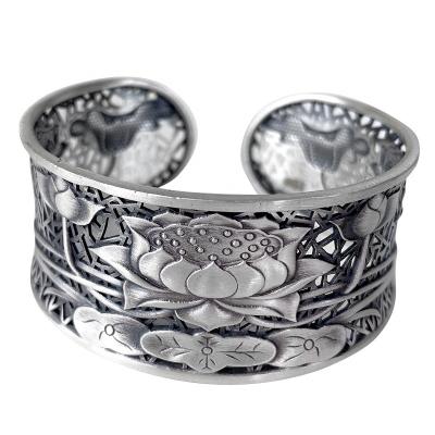 China No Fade None Fade 999 Sterling Silver Lotus Flower Design Bangle Women's Hollow Style National Cuff Gift for Mom for sale