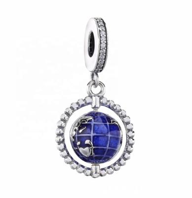 China No Fade No Fade Sterling Silver 925 Blue Enamel Rotating Earth Charm DIY World Map Globe Pendant Jewelry for sale