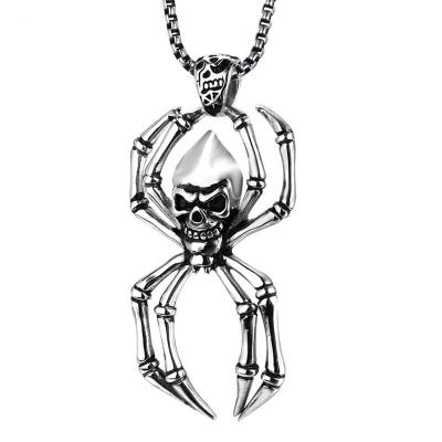 China No Fade No Fade Vintage Stainless Steel Spider and Ghost Head Skull Pendant Men's Punk Necklace for sale