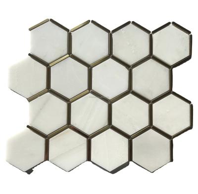 China White Parquet Mix Metal Strip Polished Bathroom Wall Backsplash Hexagon Marble Mosaic Slab for sale