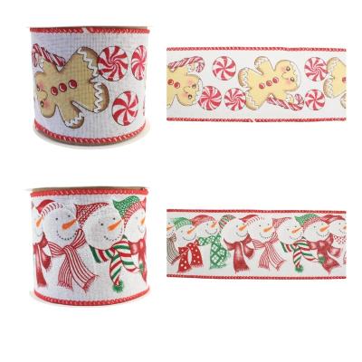 China Christmas Ribbon Gift Pull Natale Christmas Decorative Ribbon Snowman Cnadycane Gingerbread Man White Canvas Cable Ribbon for sale