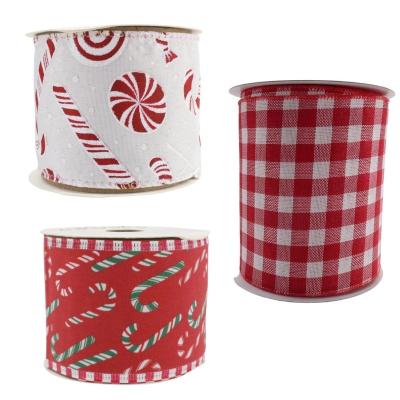 China Rose Christmas Tree Ribbon Christmas Tree Decoration for Merry Christmas Red Candy Cane Buffalo Check Plaid White Yarn Edge Cloth Ribbon for sale