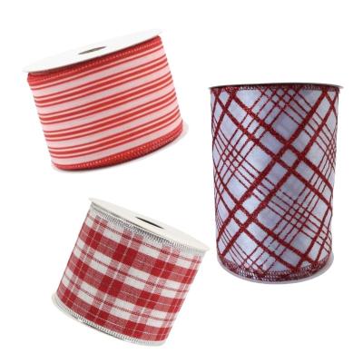 China Rose Christmas Tree Ribbon Wholesale Wired Ribbon Red and White Stripe Texture Burlap Printing Ribbons Christmas Tree Decoration Cloth Ribbons for sale