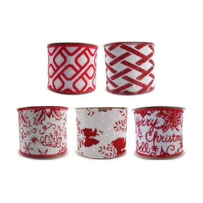 China Rose Christmas Tree Ribbon Xmas Red and White Pattern Ribbons Christmas Tree Decoration Canvas Printing Ribbons for sale