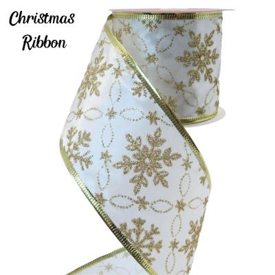 China Christmas Ribbon Gift Pull Navidad Decoration Iron Wired Edge Sparking Textured Snow Dappled Pattern Champagne Christmas Decorative Ribbon for sale