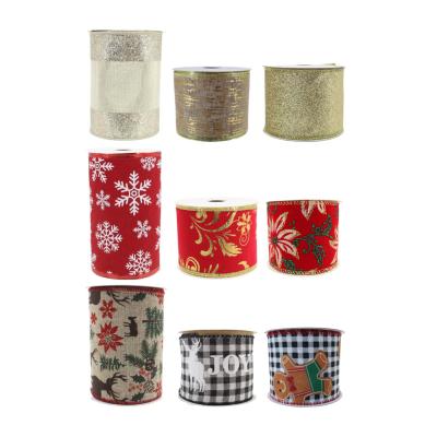 China Rose Christmas Tree Ribbon Xmas Decorative Bow Ribbon DIY Tartan Canvas Wrapping Wired Ribbon Roll For Crafts for sale