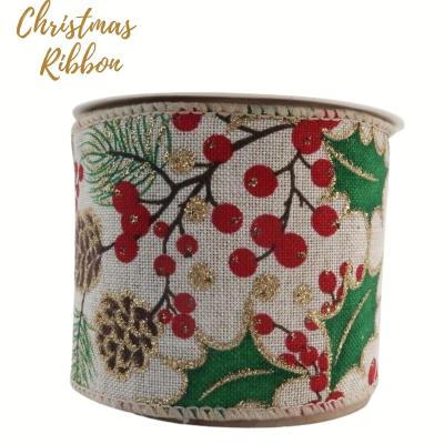 China Cable Ribbon by Christmas Tartan Burlap Ribbons Holly Pinecone Berries Pattern Linen Rose Christmas Ribbon Christmas Tree Ribbon Wholesale for sale