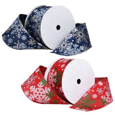 China Rose Christmas Tree Ribbon Xmas Decoration Navy Embroidery Snowflakes Glitter Sparkling Satin Fabric Tartan Christmas Cloth Ribbon Wired Edge for sale