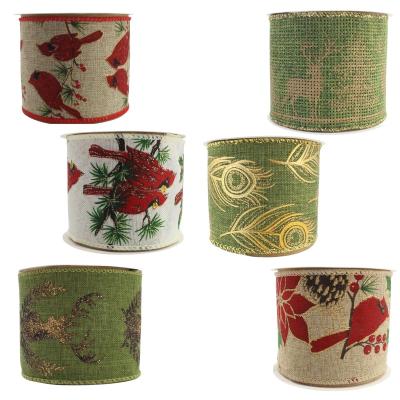 China Christmas Ribbon Gift Pull Buralp Green Gold Stamping Cardinal Christmas Tree Decorative Ribbon Pure Jute Wired Edge Linen Ribbon for sale