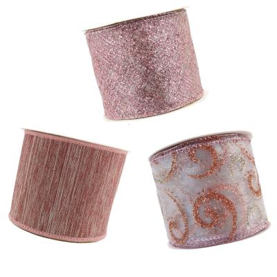 China Rose Christmas Tree Ribbon Natale Christmas Decoration Supplies Rose Gold Organza Sheer Glittering Canvas Mesh Metallic Wired Ribbon for sale