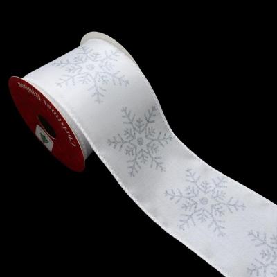 China Rose Christmas Tree Ribbon Xmas Decorative Silk Ribbon Satin Fabric Silver White Snowflakes Pattern Textured Grosgrain Edge Wide Cable Ribbons for sale