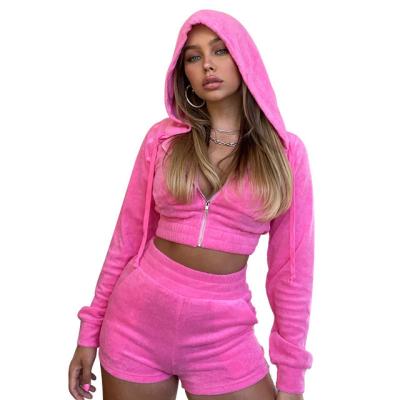 China Anti-pilling Best Selling Autumn Beautiful Velvet Two Piece Set Long Sleeve Hoodie Shorts Suede 2 Piece Tracksuit for sale