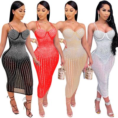 China High Quality Anti-Static Women Sleeveless Slim Dress Sexy Mesh See Through Rhinestone Beading Dress For Evening Party for sale